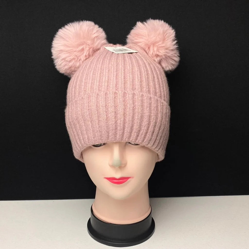 Women's Warm Knit Beanie Hat with Double Pom Poms