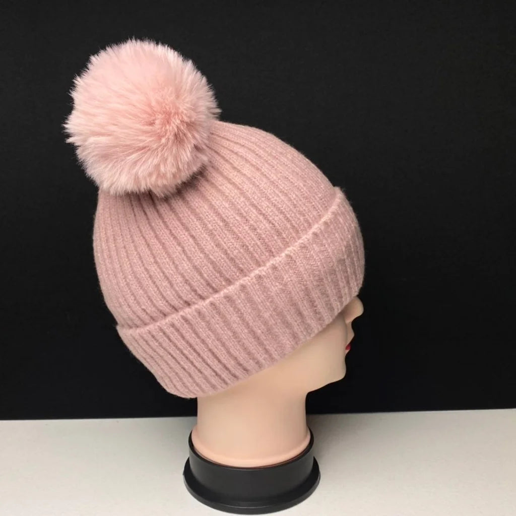 Women's Warm Knit Beanie Hat with Double Pom Poms