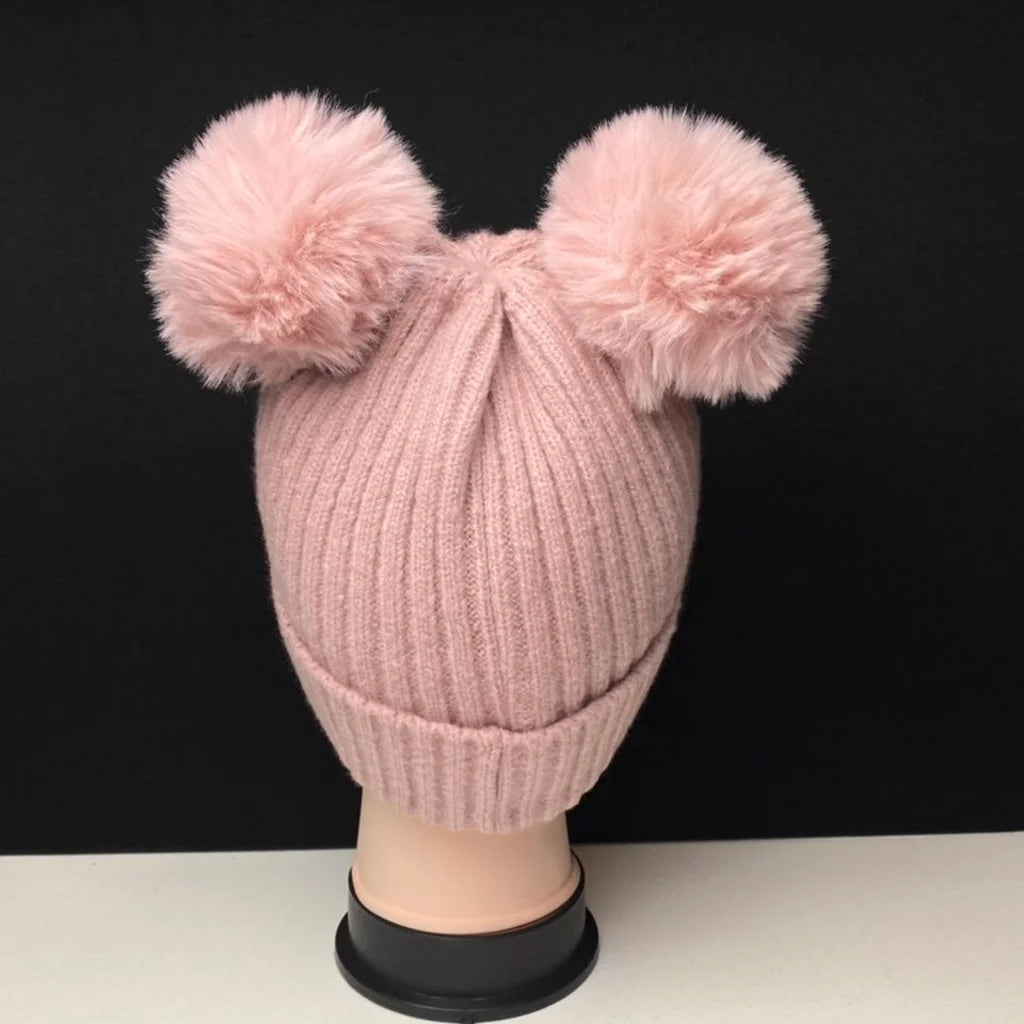 Women's Warm Knit Beanie Hat with Double Pom Poms