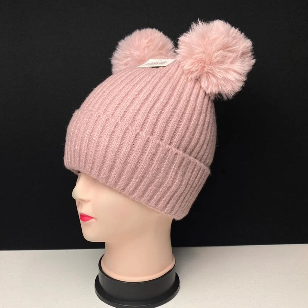 Women's Warm Knit Beanie Hat with Double Pom Poms