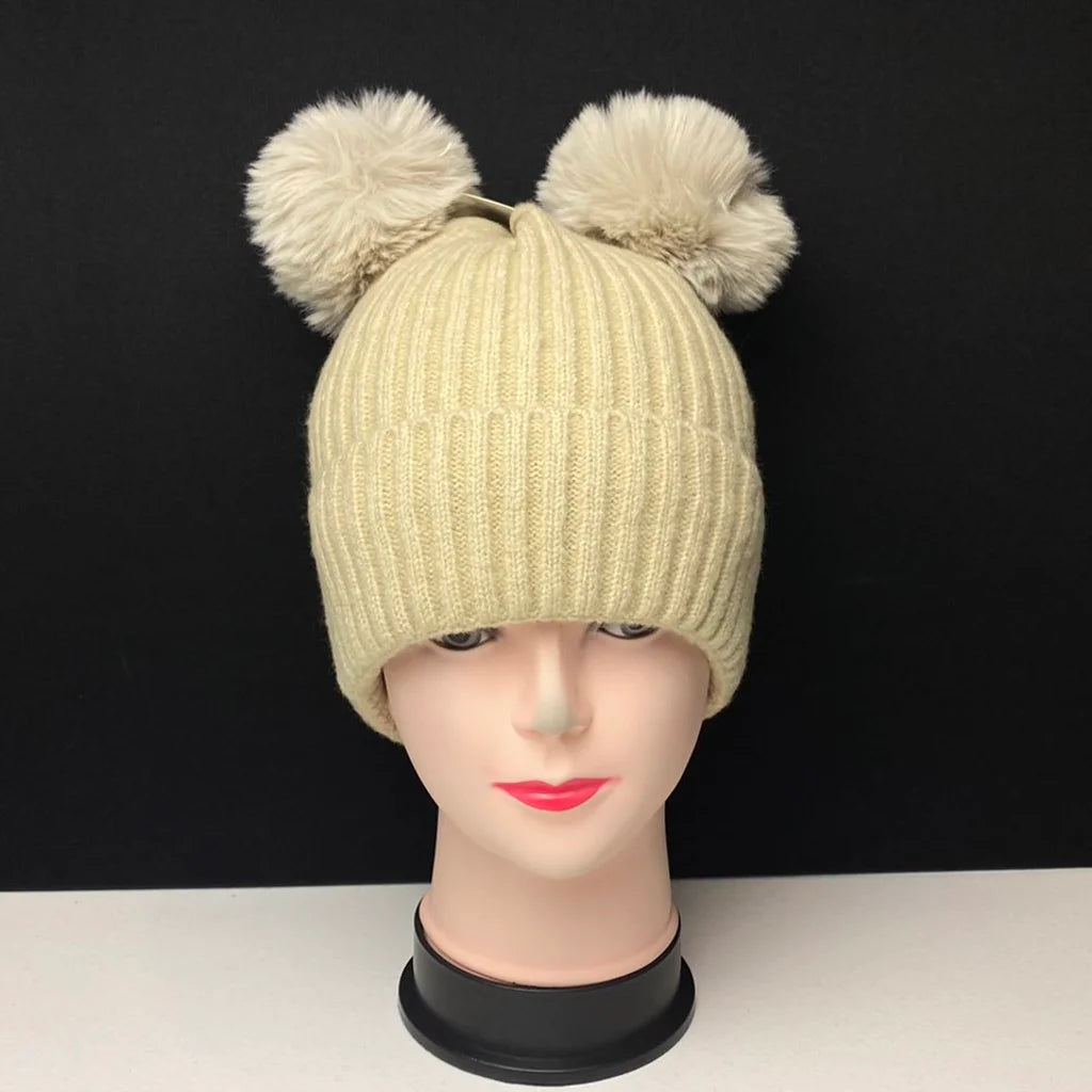 Women's Warm Knit Beanie Hat with Double Pom Poms