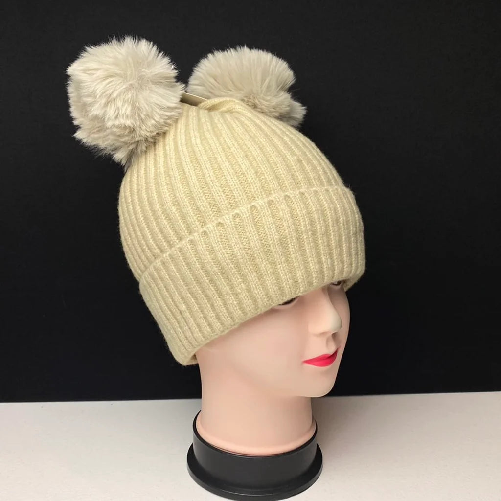 Women's Warm Knit Beanie Hat with Double Pom Poms