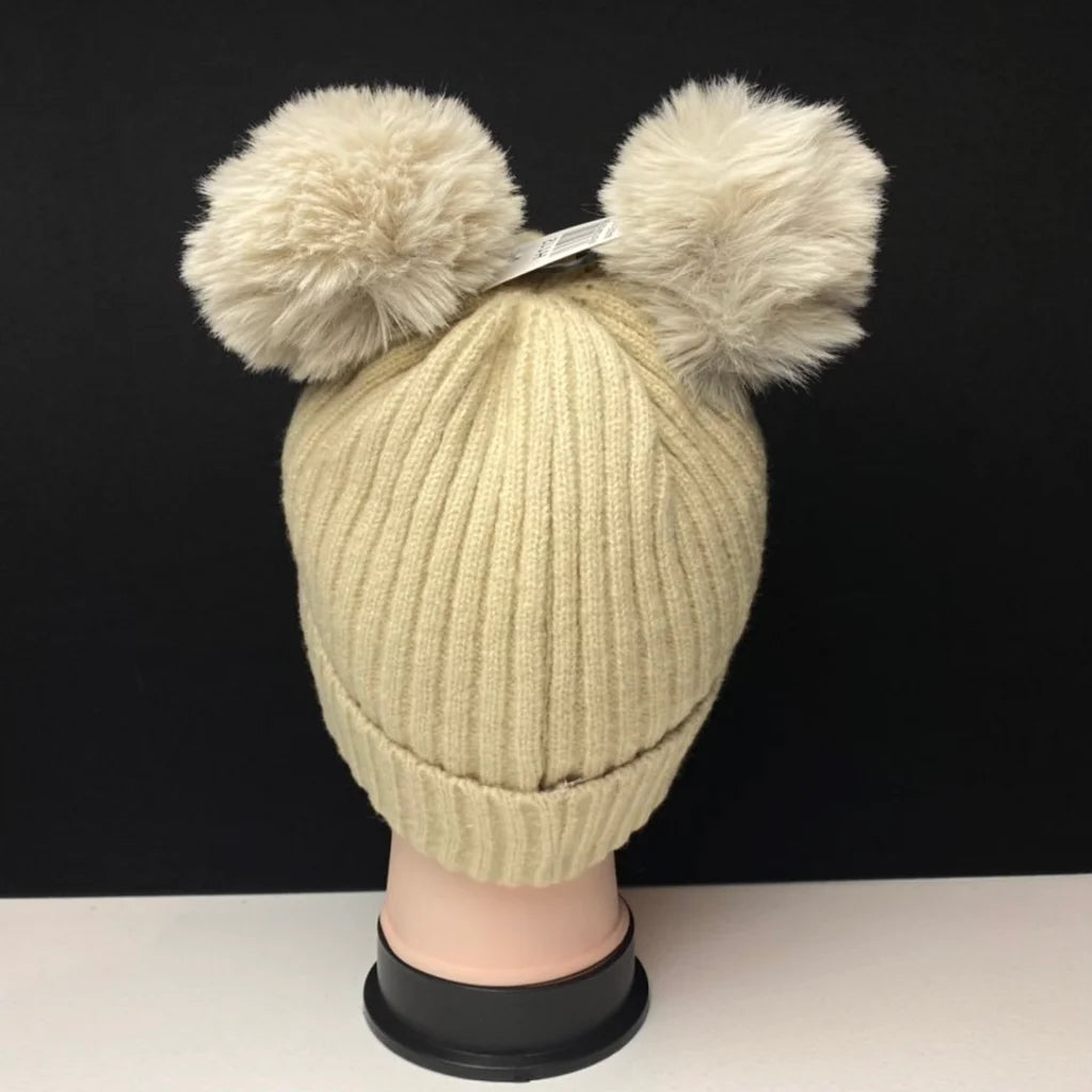 Women's Warm Knit Beanie Hat with Double Pom Poms