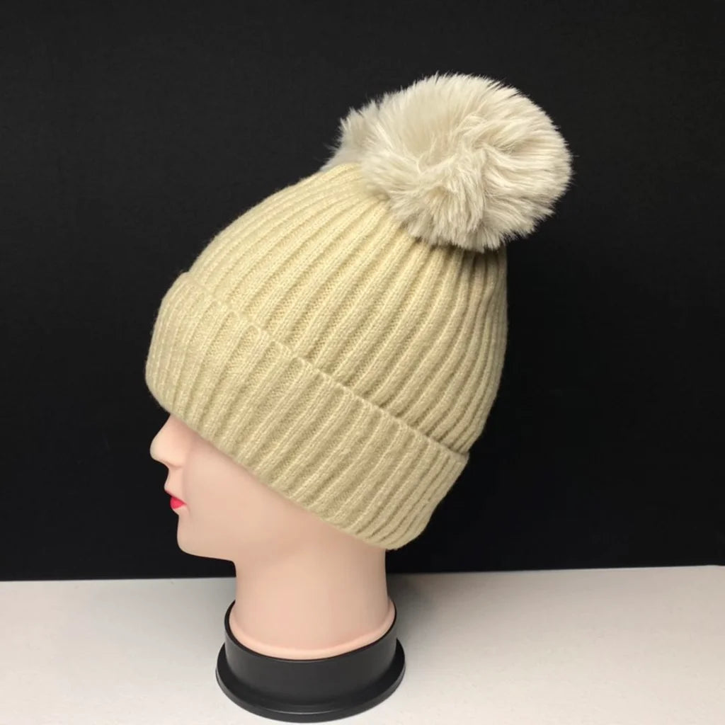 Women's Warm Knit Beanie Hat with Double Pom Poms