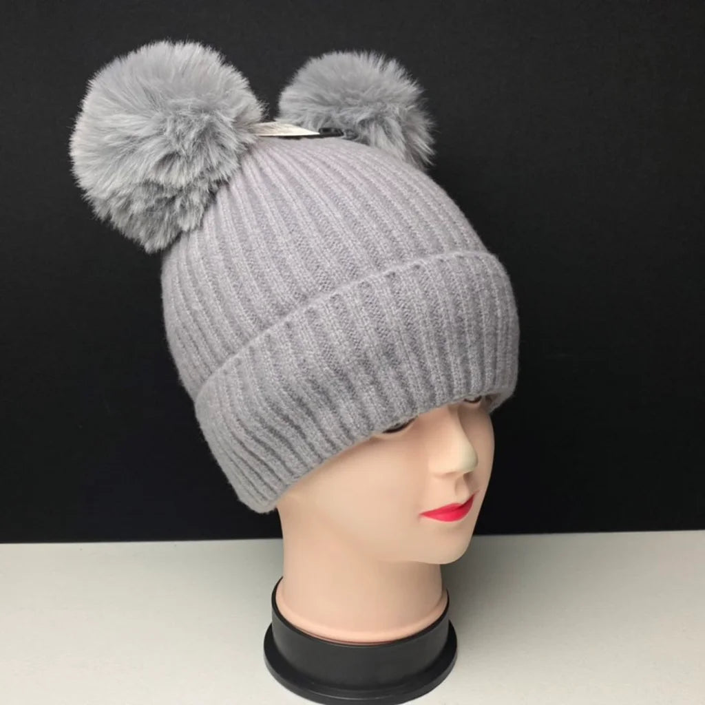 Women's Warm Knit Beanie Hat with Double Pom Poms