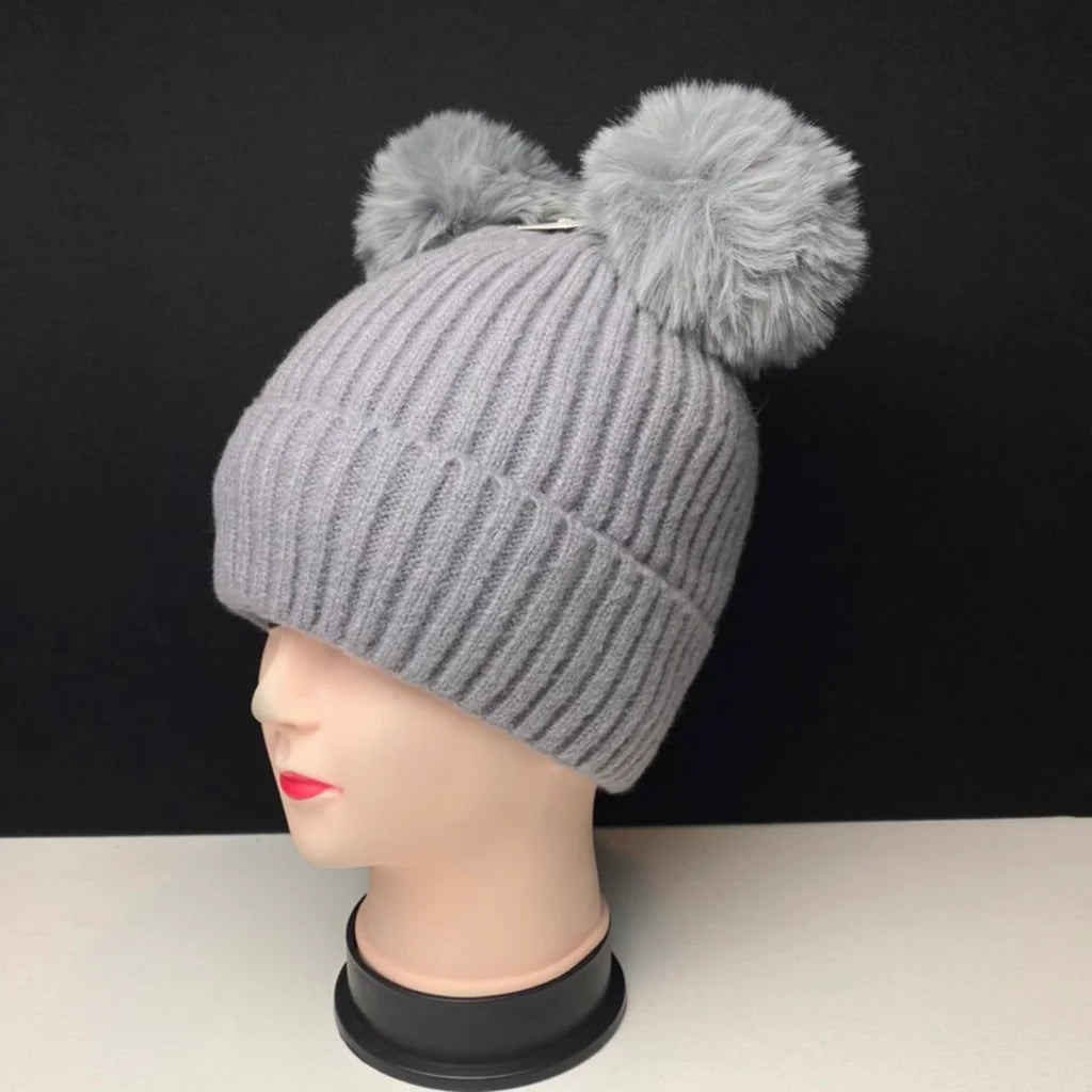 Women's Warm Knit Beanie Hat with Double Pom Poms