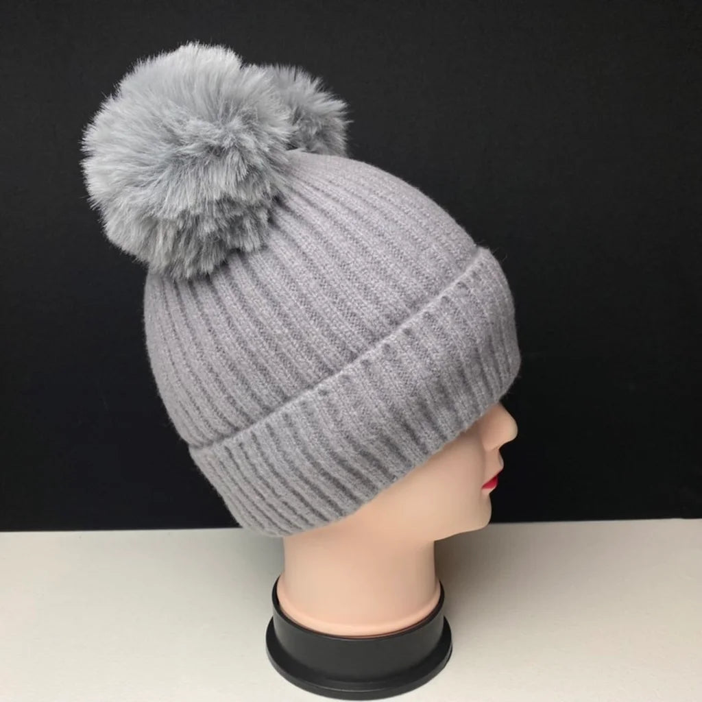 Women's Warm Knit Beanie Hat with Double Pom Poms