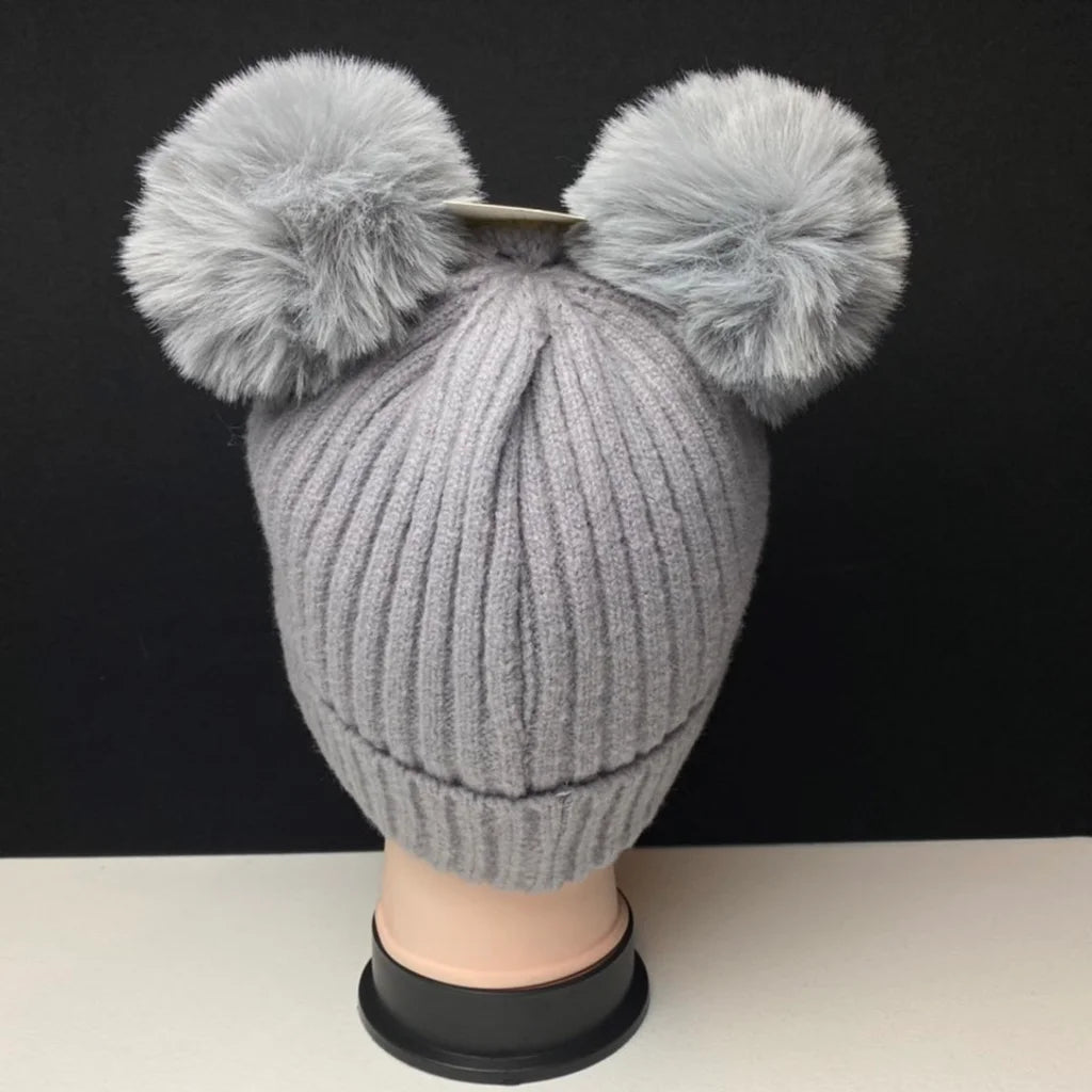 Women's Warm Knit Beanie Hat with Double Pom Poms