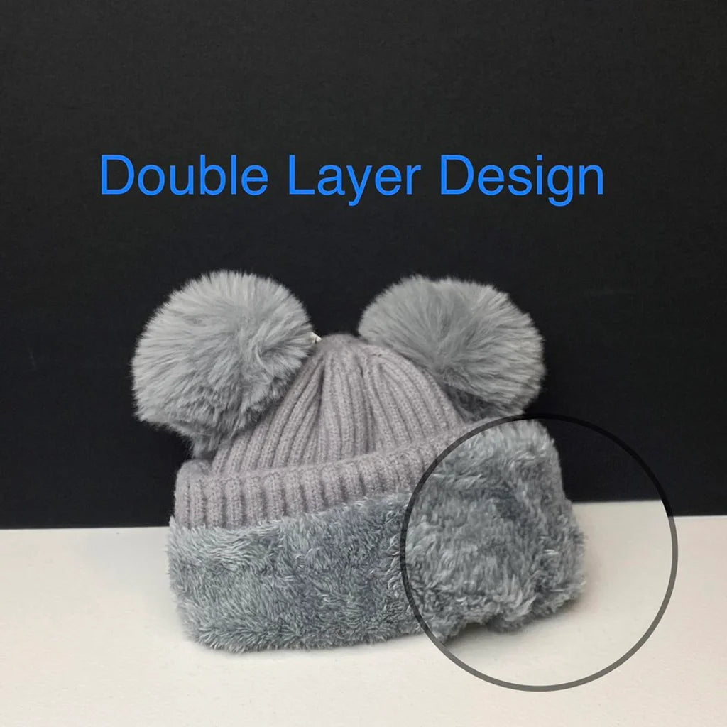 Women's Warm Knit Beanie Hat with Double Pom Poms