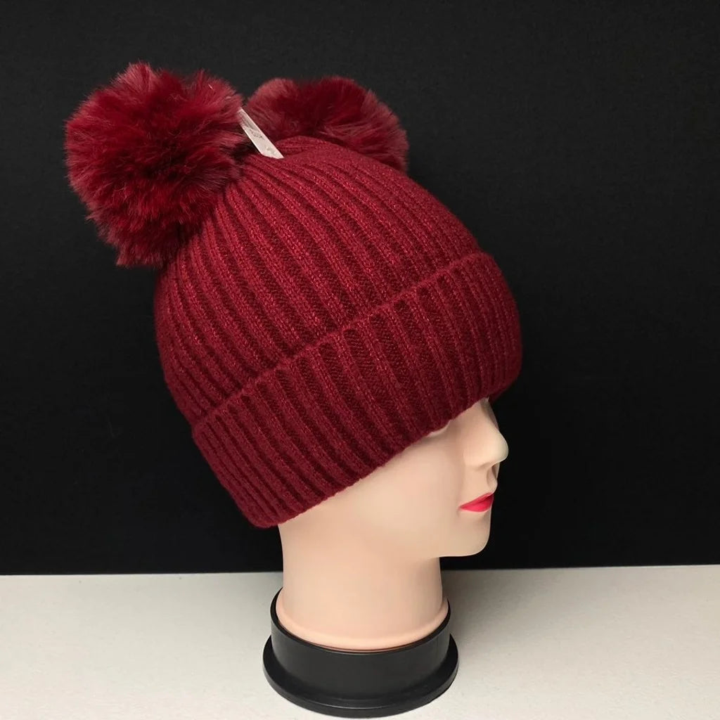 Women's Warm Knit Beanie Hat with Double Pom Poms