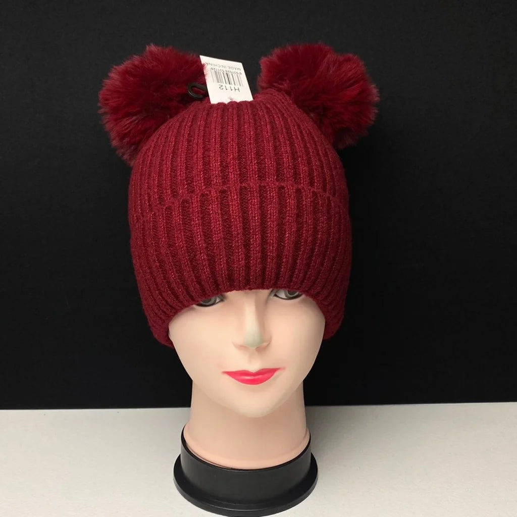 Women's Warm Knit Beanie Hat with Double Pom Poms