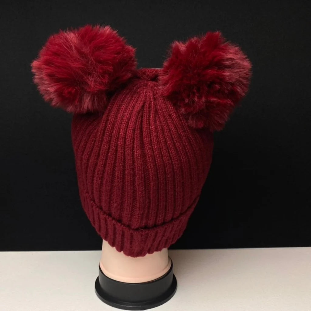 Women's Warm Knit Beanie Hat with Double Pom Poms