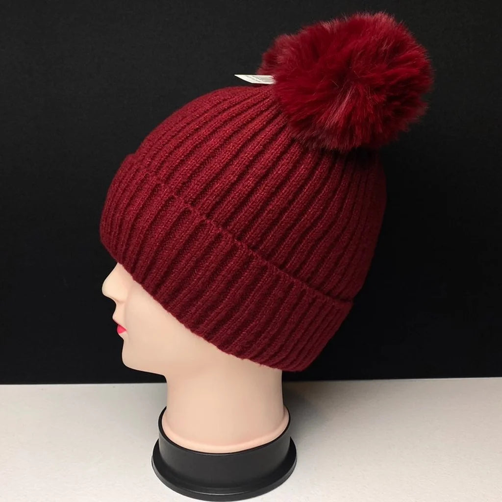 Women's Warm Knit Beanie Hat with Double Pom Poms