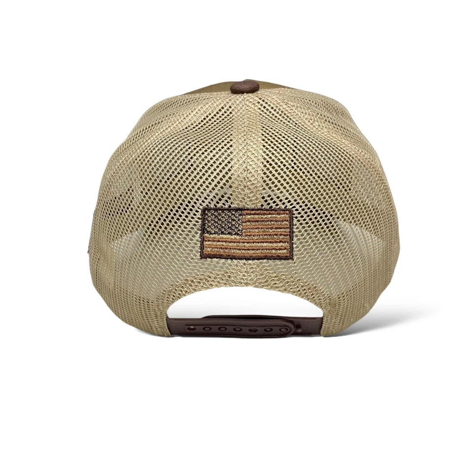 USA Flag Patch Embroidered Snapback Cap, Tan and Brown, Curved brim