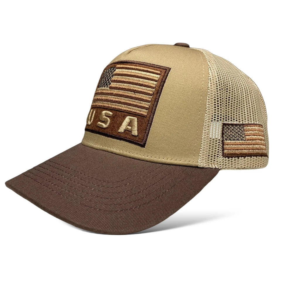 USA Flag Patch Embroidered Snapback Cap, Tan and Brown, Curved brim