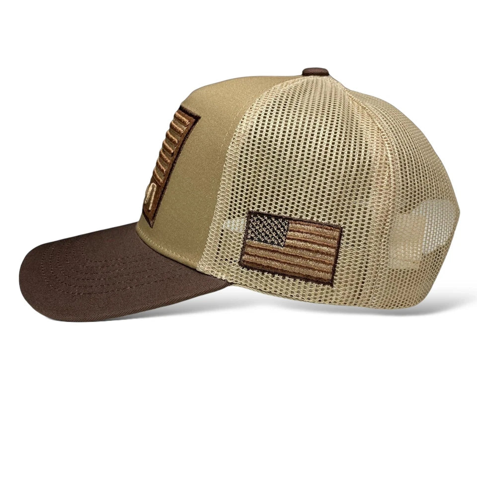 USA Flag Patch Embroidered Snapback Cap, Tan and Brown, Curved brim