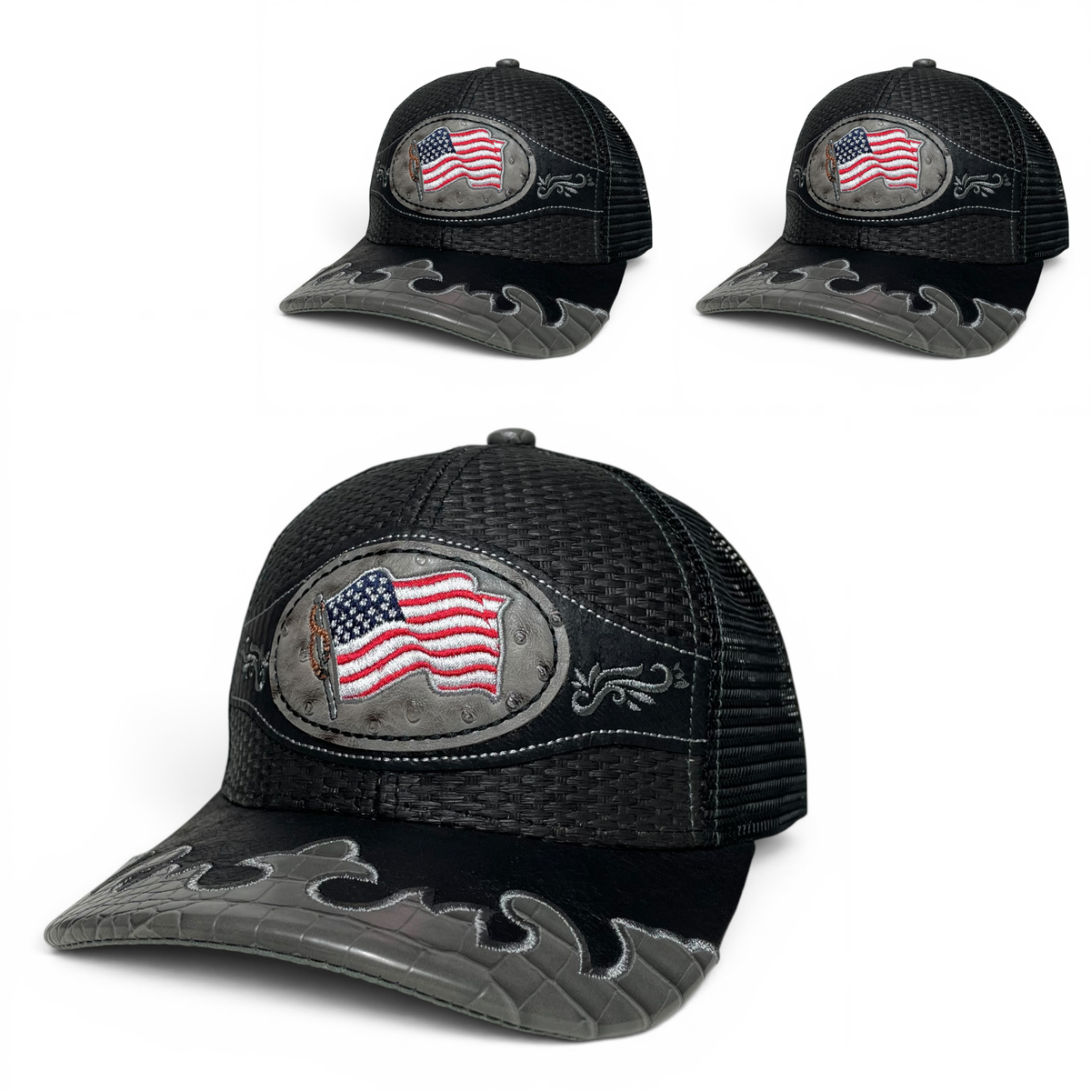 USA American Flag Leather Embroidered Patch Snapback Cap, Straw, Rodeo Style