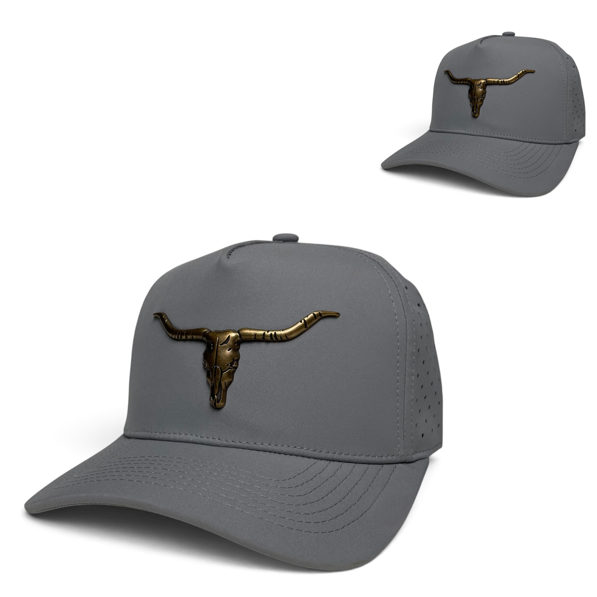 Longhorn Bull Skull Metal Emblem Trucker Hat - Gray