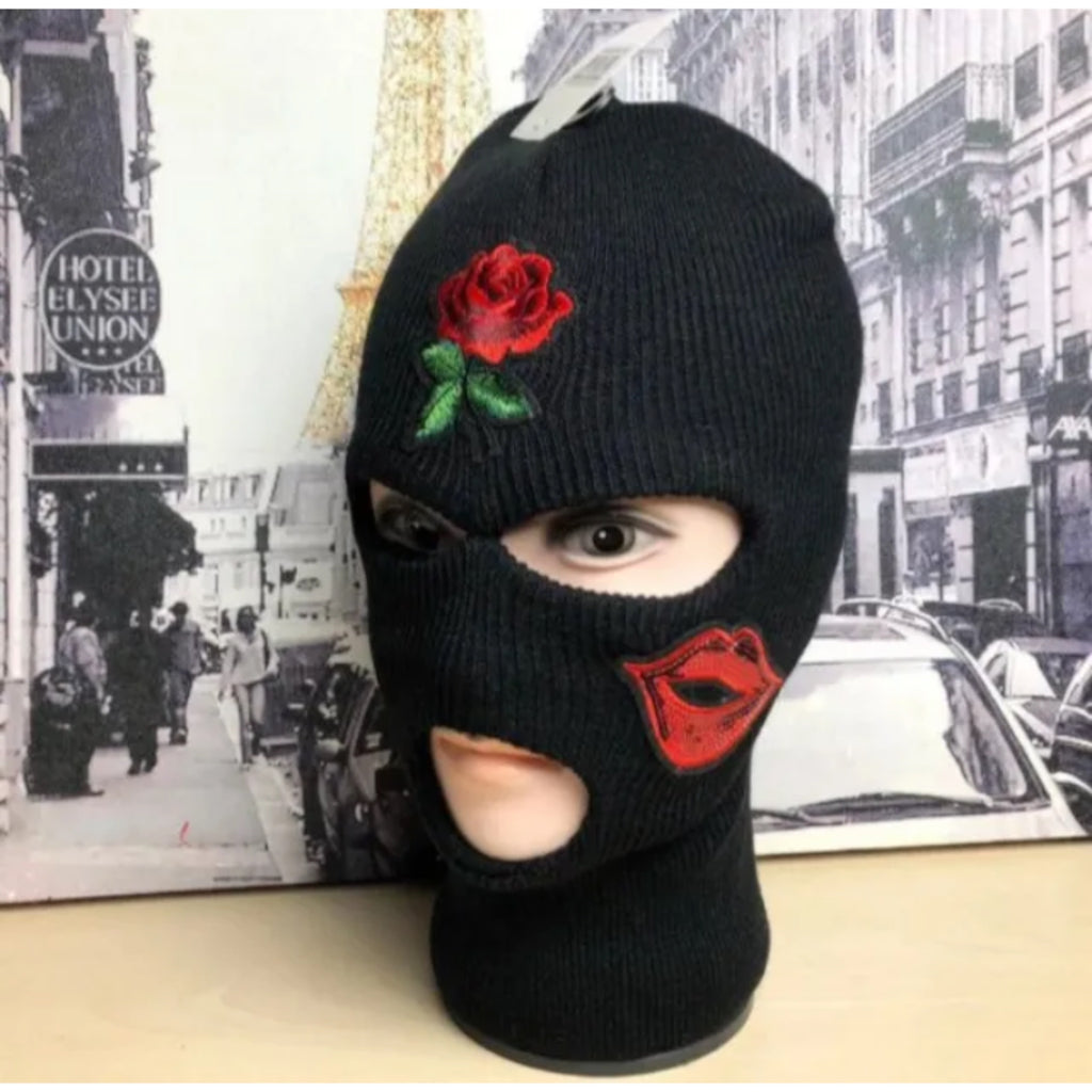 3 hole full face ski mask embroidered kisses and roses custom patch balaclava