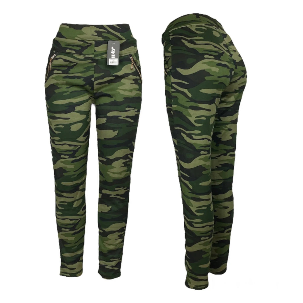 Women's High Waist Thermal Fleece Lined Camouflage Leggings with Zipper Pockets