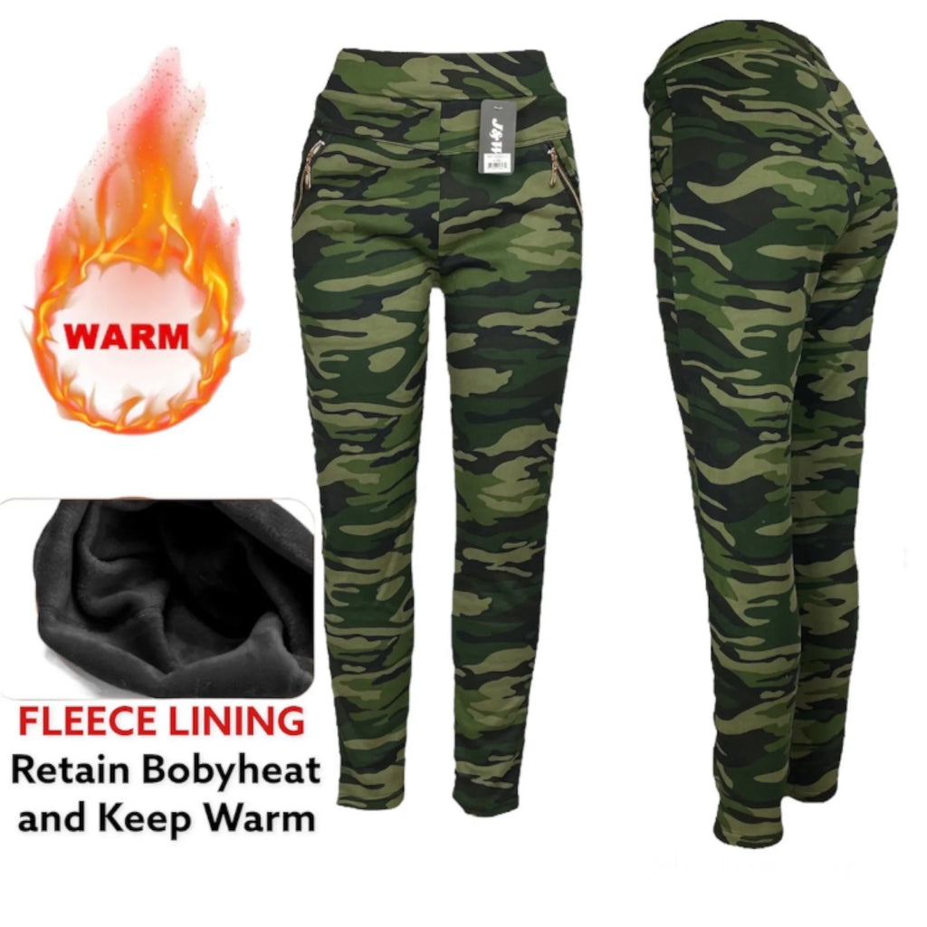 Women's High Waist Thermal Fleece Lined Camouflage Leggings with Zipper Pockets