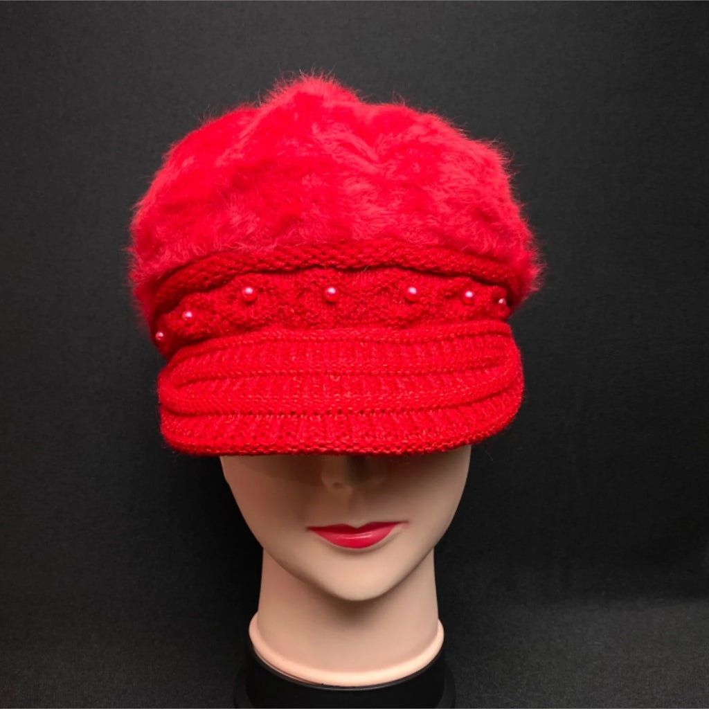 Winter Beanie Fur Beret Baggy Hat Visor Knitted Warm Cap for Women