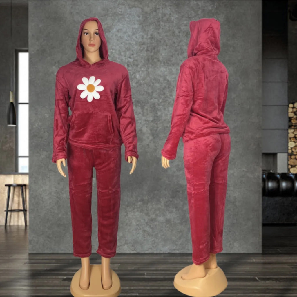 Women's Sleepwear Fleece Warm Hoodie Pants Pajamas Set