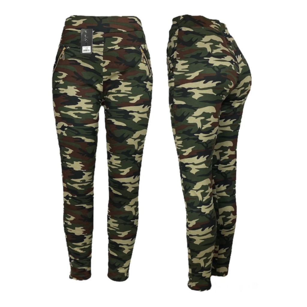 Women's High Waist Thermal Fleece Lined Camouflage Leggings with Zipper Pockets