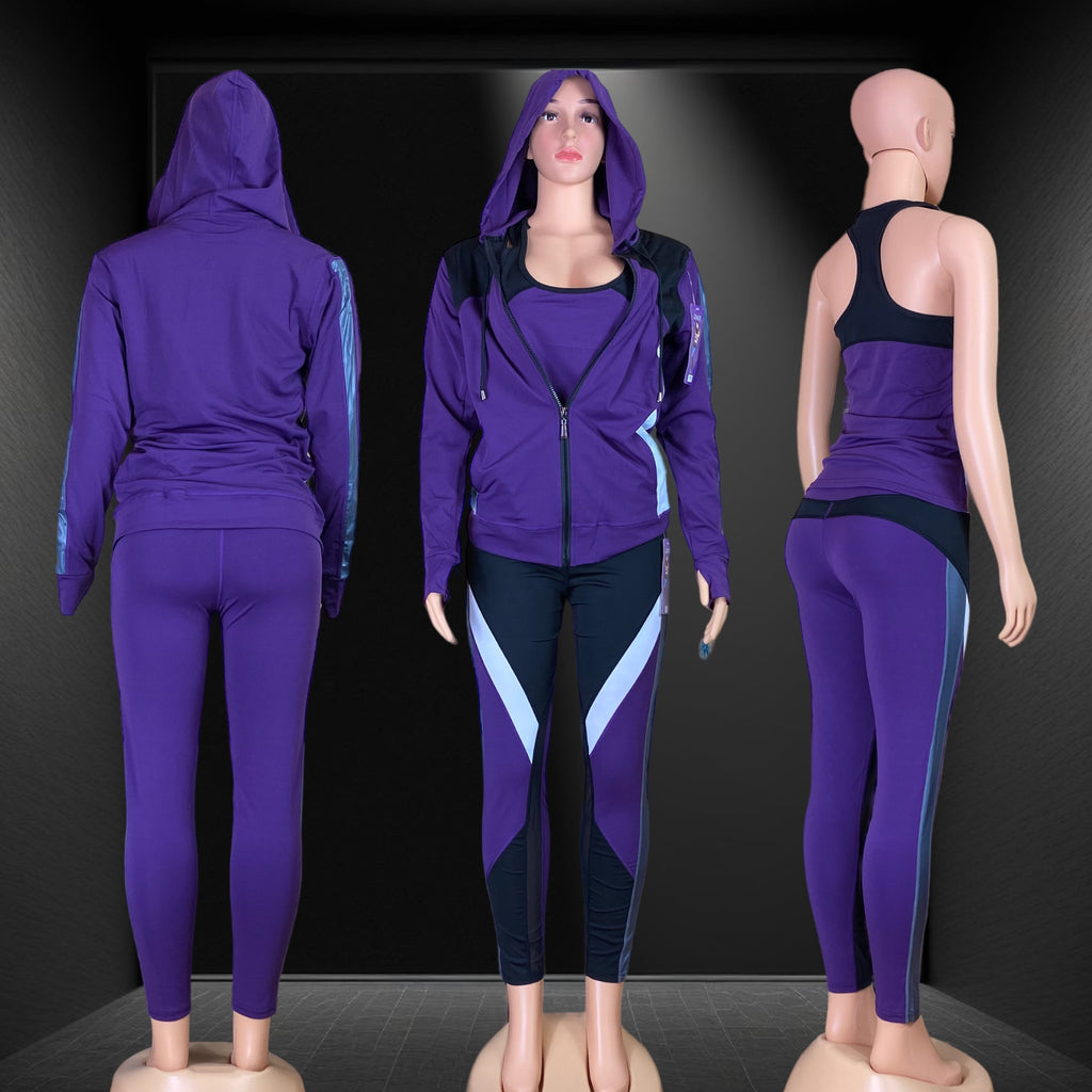 3 Pc Women’s Top, Hoodie Jacket & high waist leggings with mesh cutouts outfit set