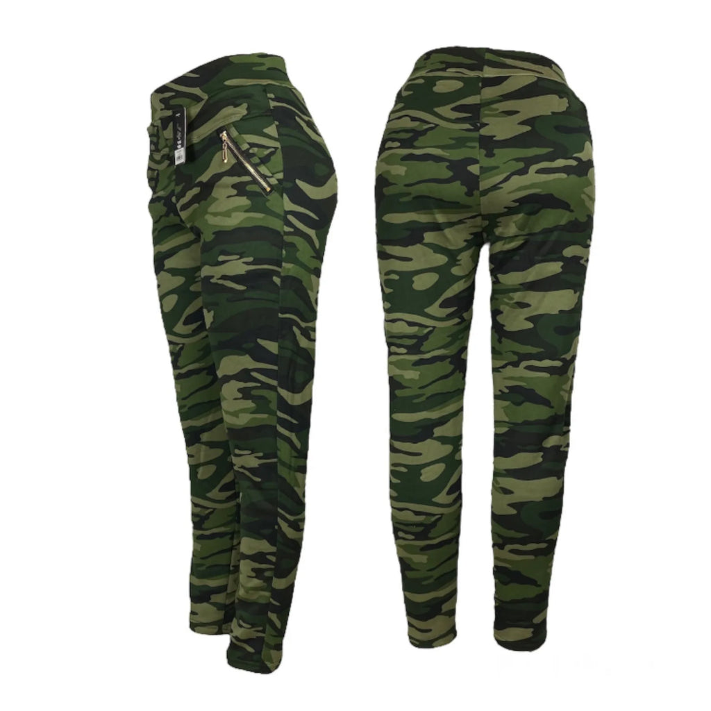 Women's High Waist Thermal Fleece Lined Camouflage Leggings with Zipper Pockets