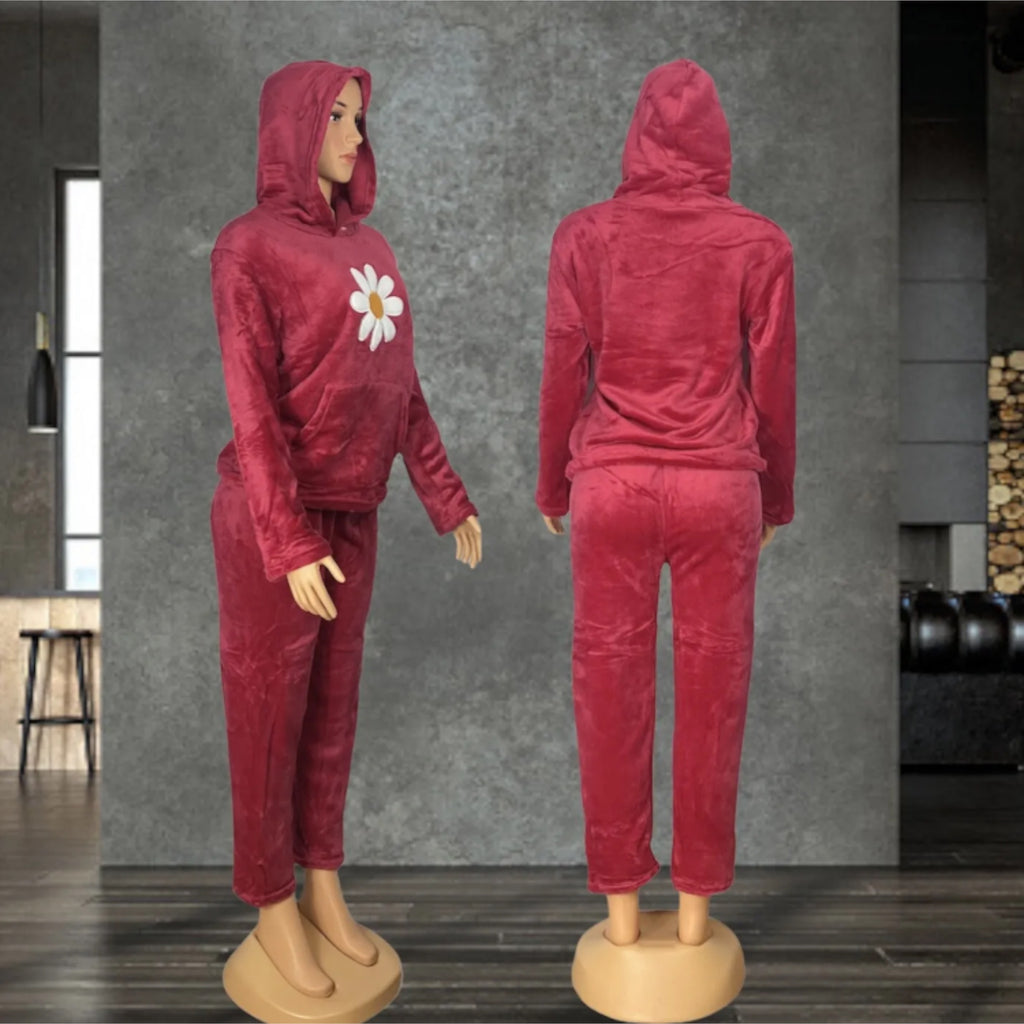 Women's Sleepwear Fleece Warm Hoodie Pants Pajamas Set