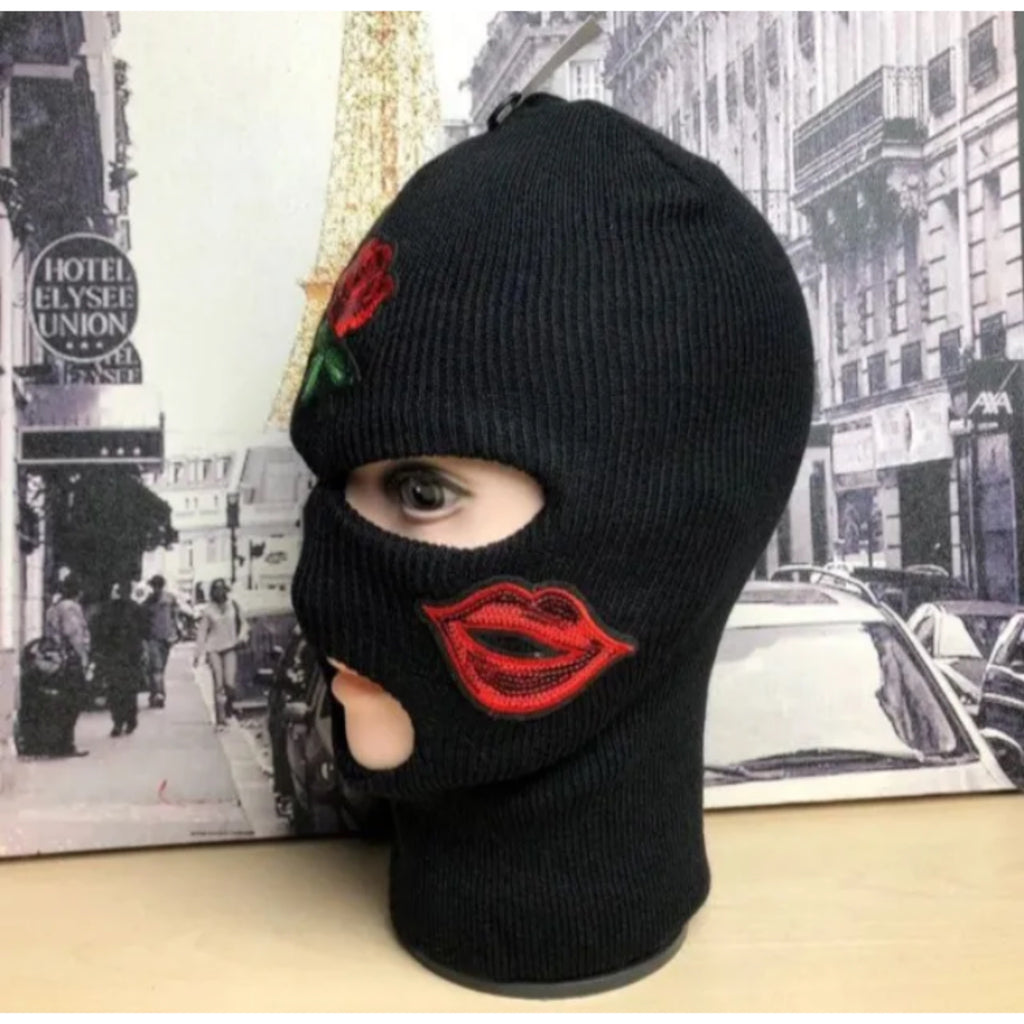 3 hole full face ski mask embroidered kisses and roses custom patch balaclava