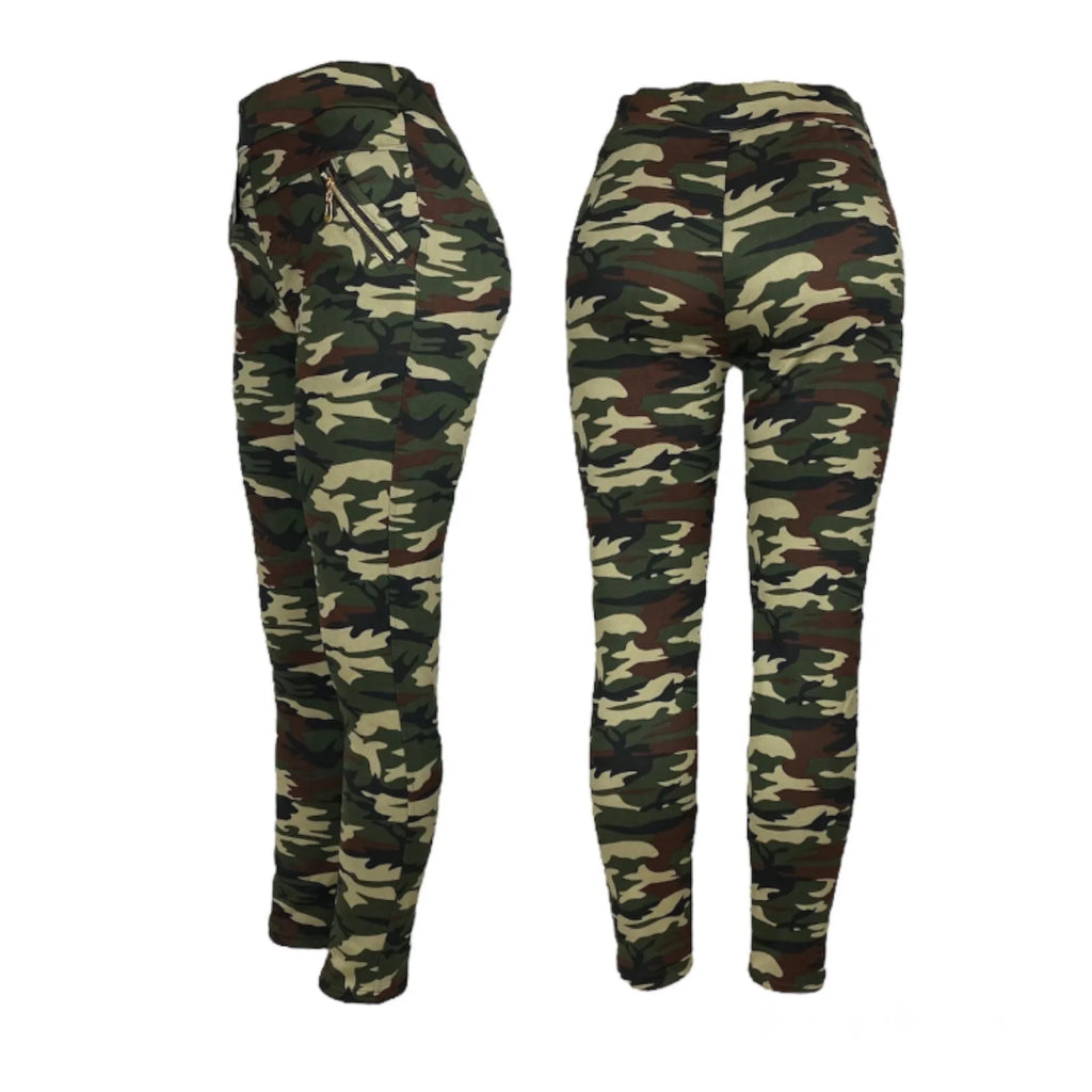 Women's High Waist Thermal Fleece Lined Camouflage Leggings with Zipper Pockets