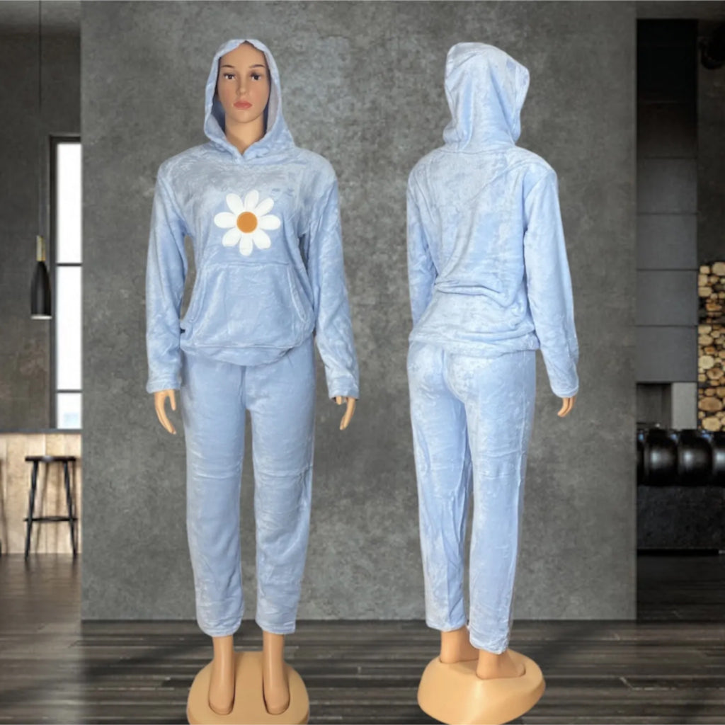 Women's Sleepwear Fleece Warm Hoodie Pants Pajamas Set