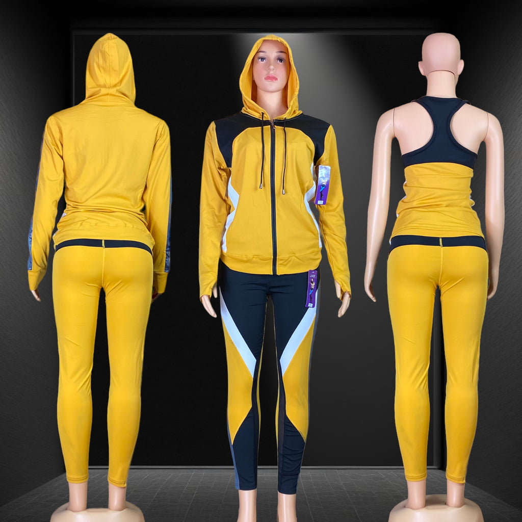 3 Pc Women’s Top, Hoodie Jacket & high waist leggings with mesh cutouts outfit set